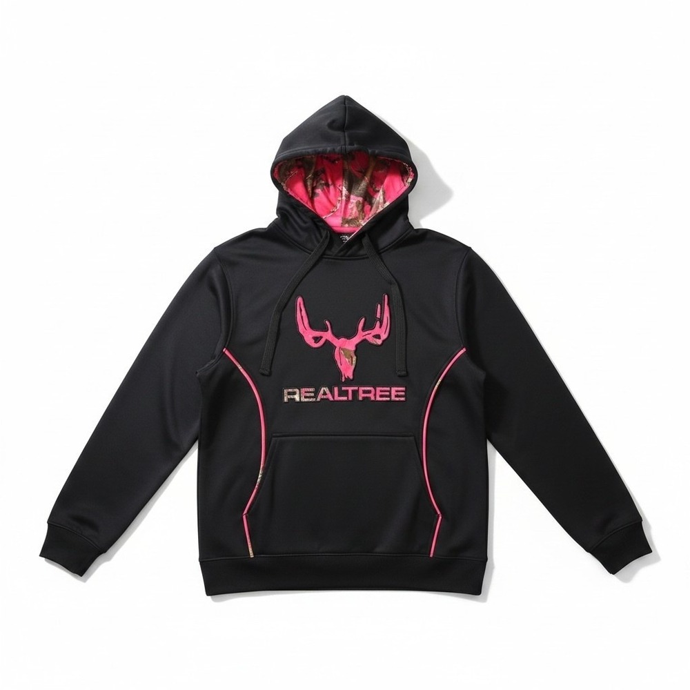 Realtree Women's Medium Black Pink Pullover Hoodie Hooded Sweatshirt Camo Lined